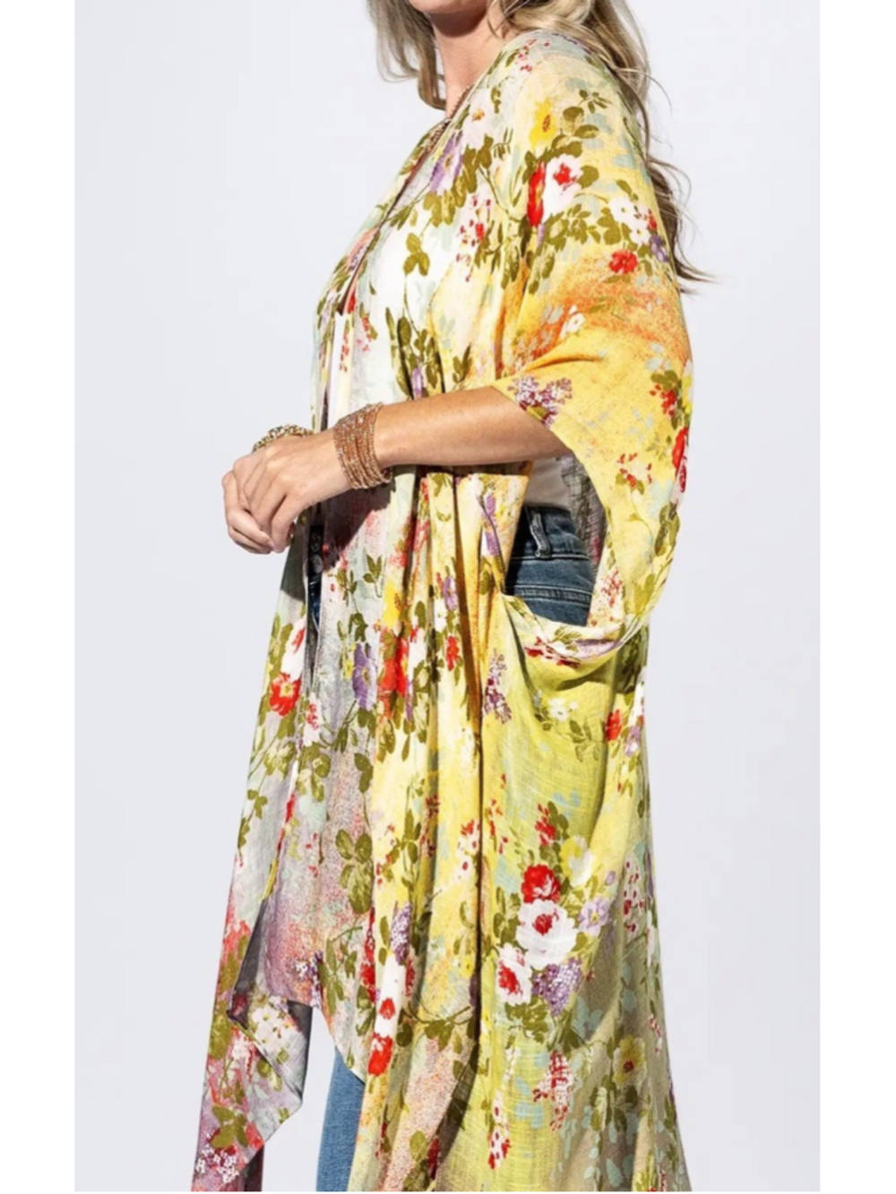 Pastel Watercolor Floral Kimono Cardigan Cover Up Rayon Boho Cottagecore NWT - Picture 5 of 8